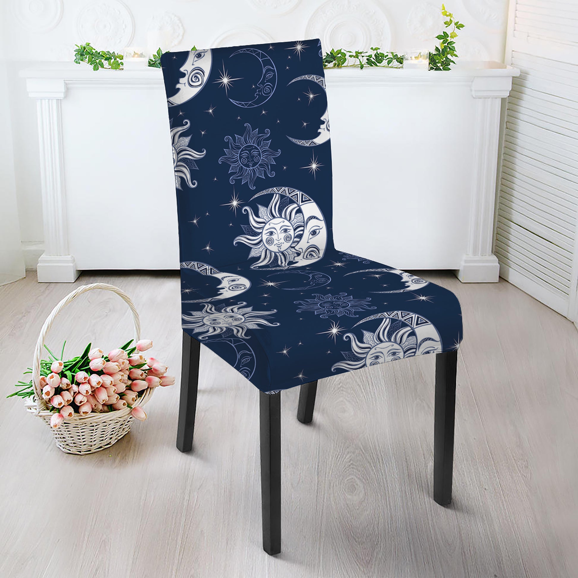 White And Blue Celestial Pattern Print Dining Chair Slipcover