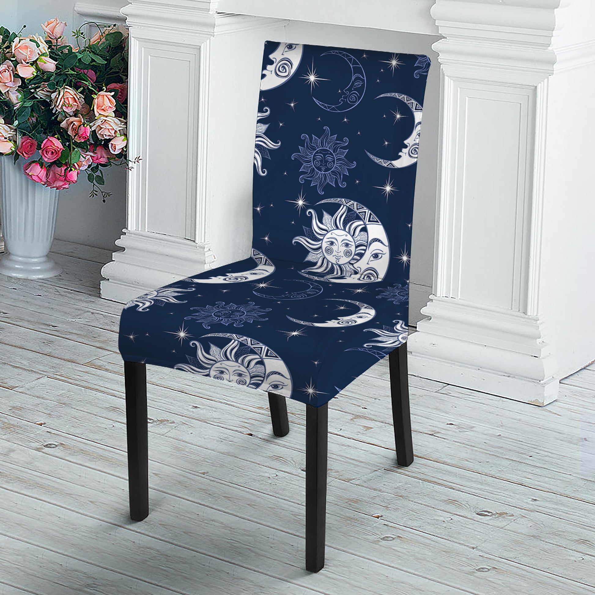 White And Blue Celestial Pattern Print Dining Chair Slipcover