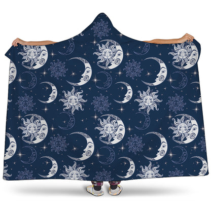White And Blue Celestial Pattern Print Hooded Blanket