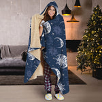 White And Blue Celestial Pattern Print Hooded Blanket