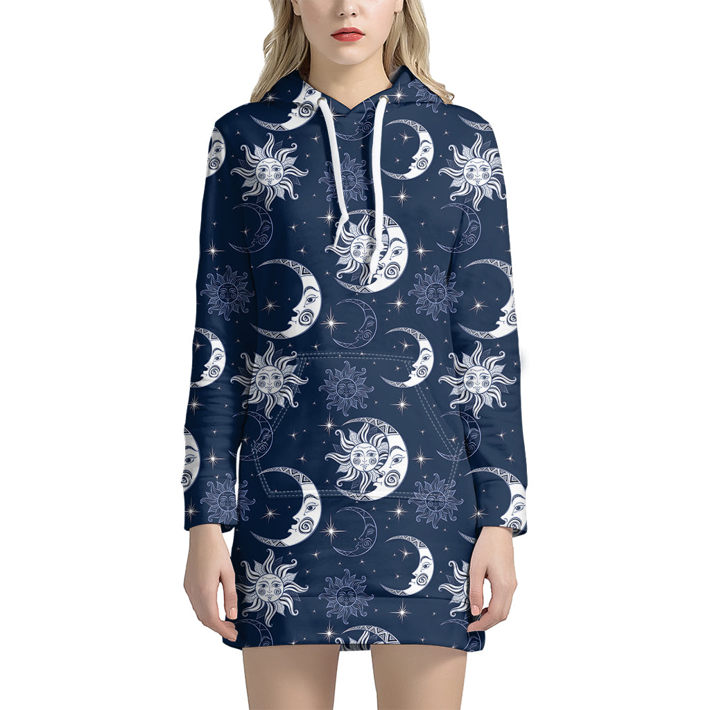 White And Blue Celestial Pattern Print Hoodie Dress