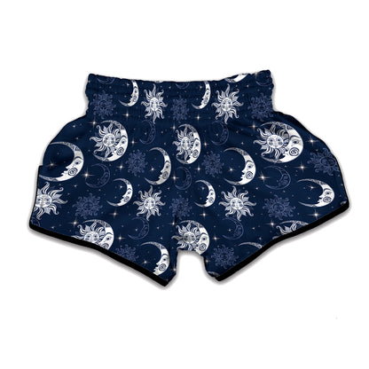 White And Blue Celestial Pattern Print Muay Thai Boxing Shorts