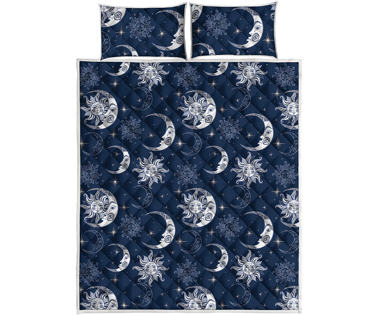 White And Blue Celestial Pattern Print Quilt Bed Set