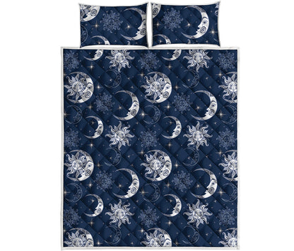 White And Blue Celestial Pattern Print Quilt Bed Set