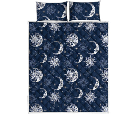 White And Blue Celestial Pattern Print Quilt Bed Set