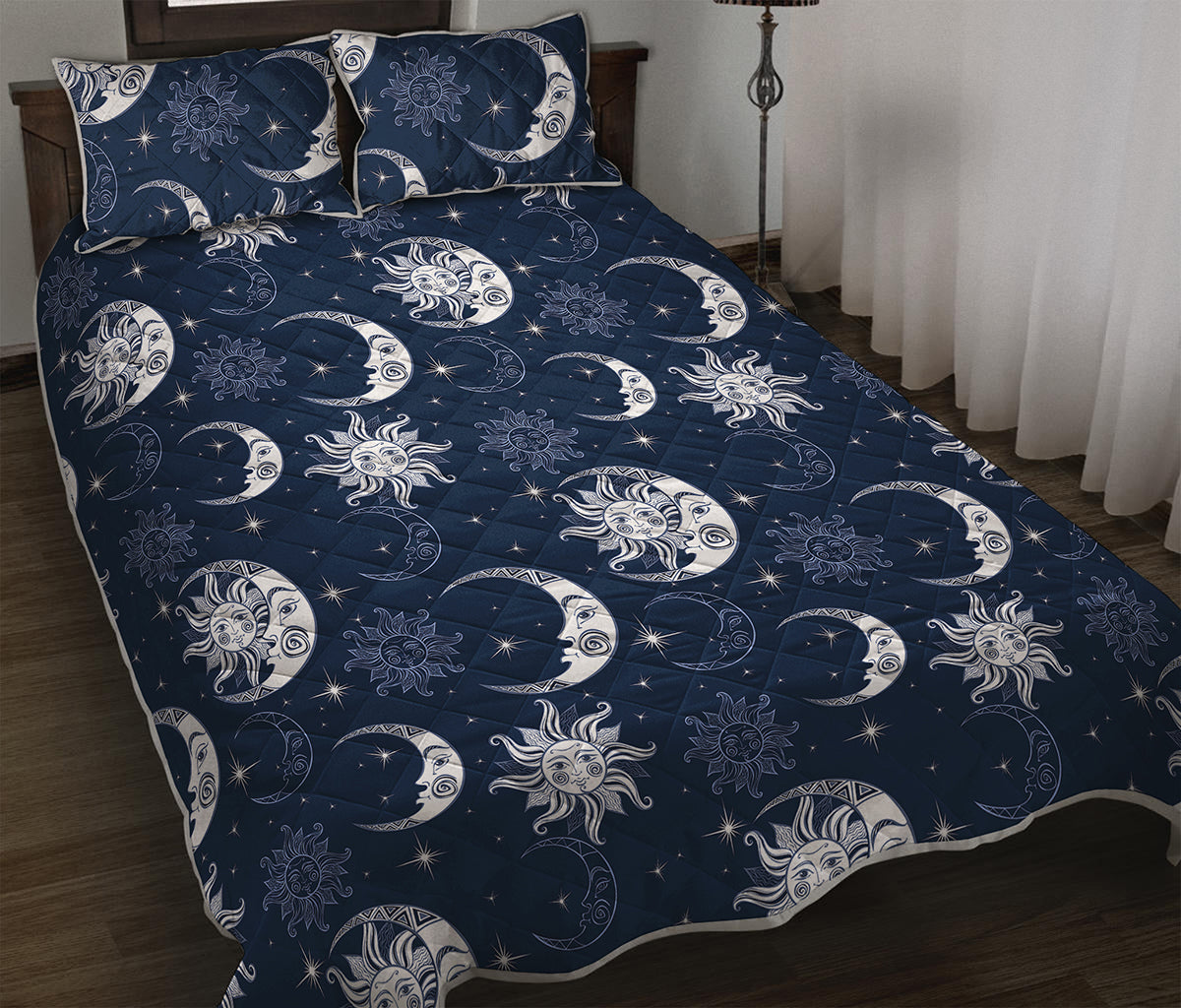 White And Blue Celestial Pattern Print Quilt Bed Set