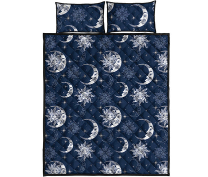 White And Blue Celestial Pattern Print Quilt Bed Set