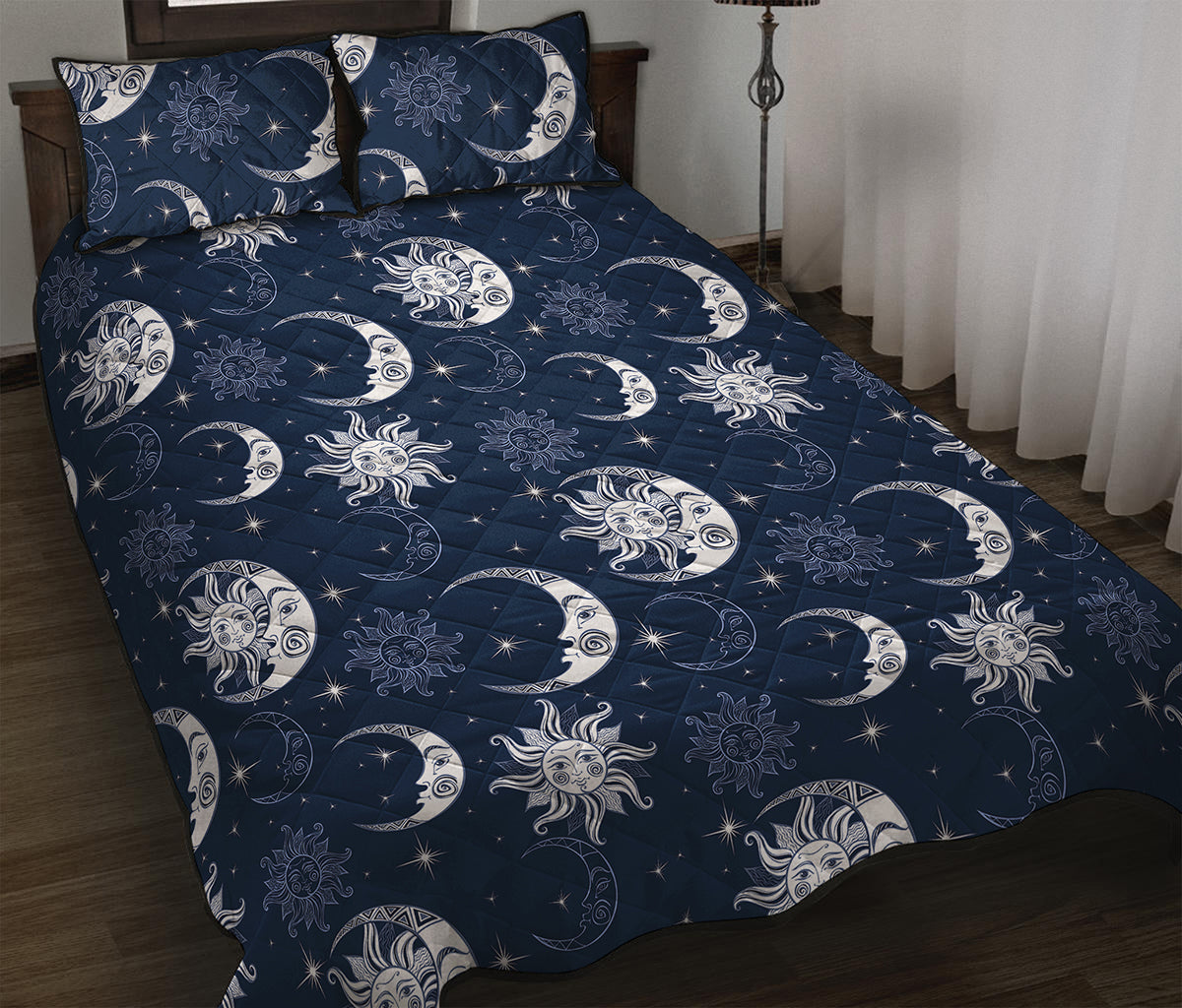 White And Blue Celestial Pattern Print Quilt Bed Set