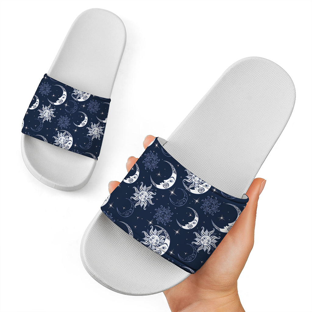 White And Blue Celestial Pattern Print White Slide Sandals