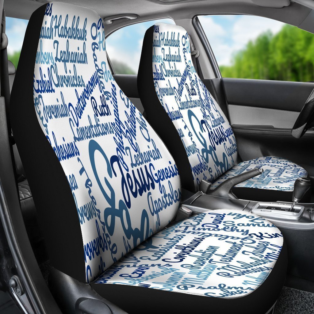 White And Blue Christian Text Universal Fit Car Seat Covers GearFrost