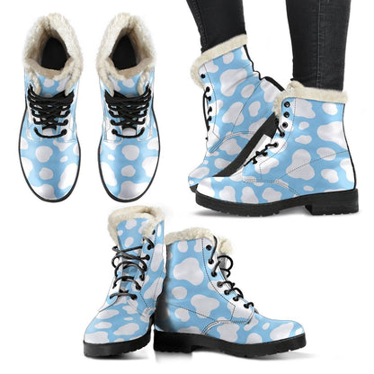 White And Blue Cow Print Comfy Boots GearFrost