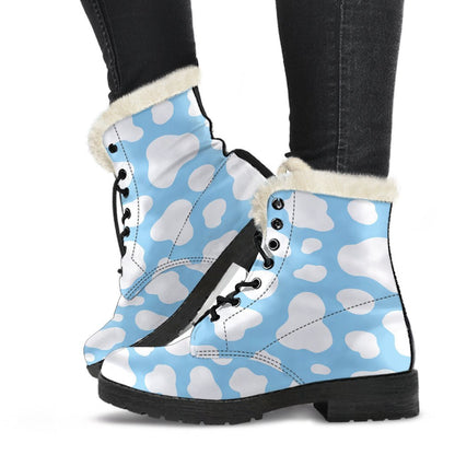 White And Blue Cow Print Comfy Boots GearFrost