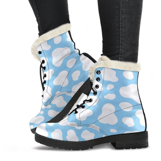 White And Blue Cow Print Comfy Boots GearFrost