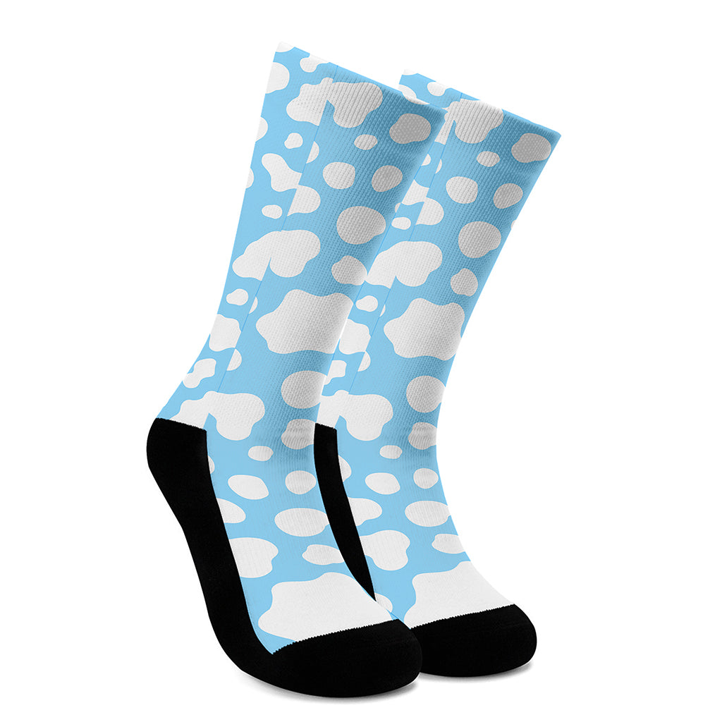 White And Blue Cow Print Crew Socks