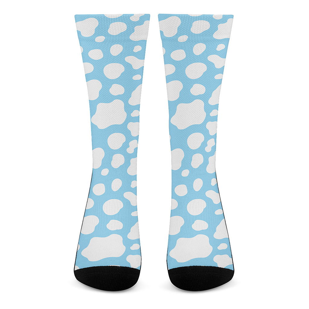 White And Blue Cow Print Crew Socks
