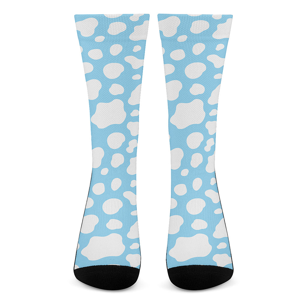 White And Blue Cow Print Crew Socks