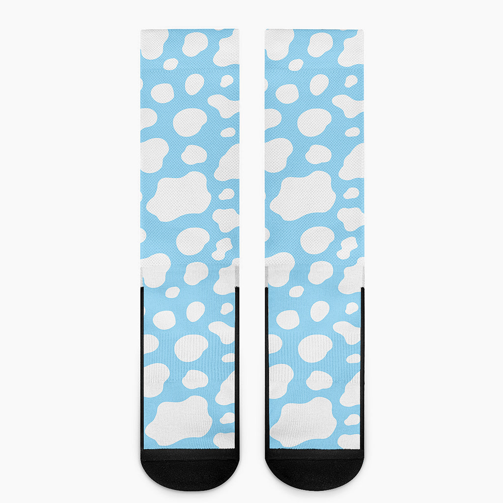 White And Blue Cow Print Crew Socks