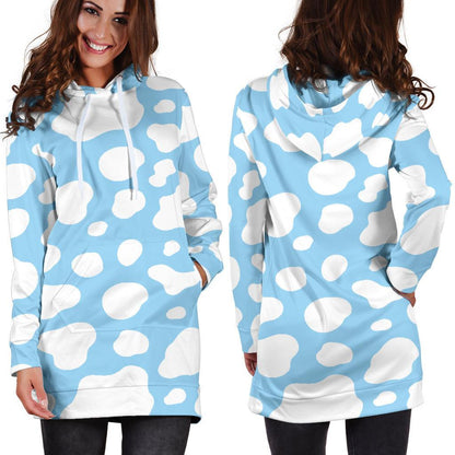 White And Blue Cow Print Hoodie Dress GearFrost