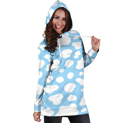 White And Blue Cow Print Hoodie Dress GearFrost