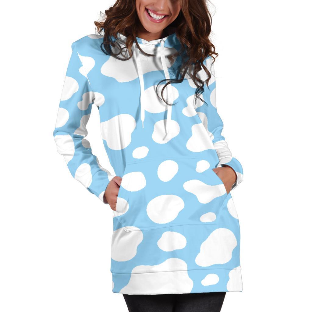 White And Blue Cow Print Hoodie Dress GearFrost