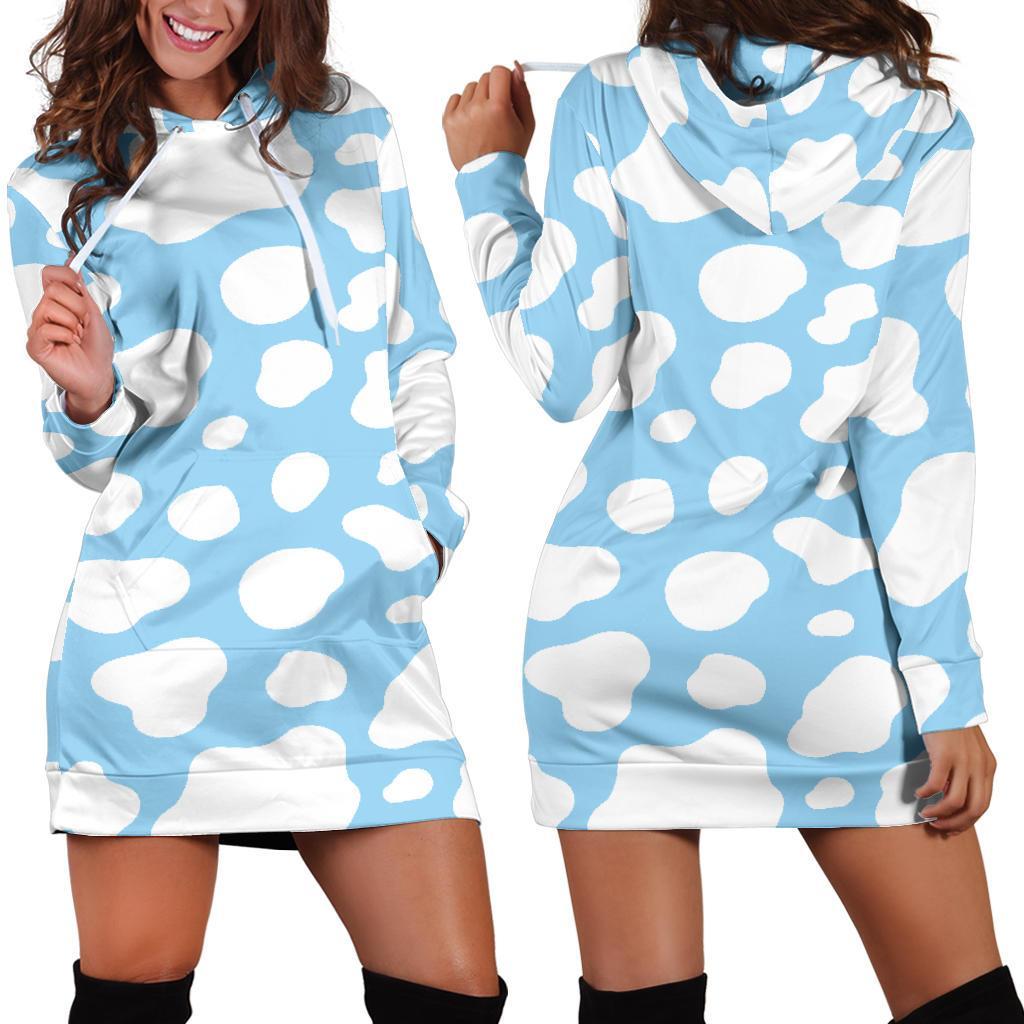 White And Blue Cow Print Hoodie Dress GearFrost