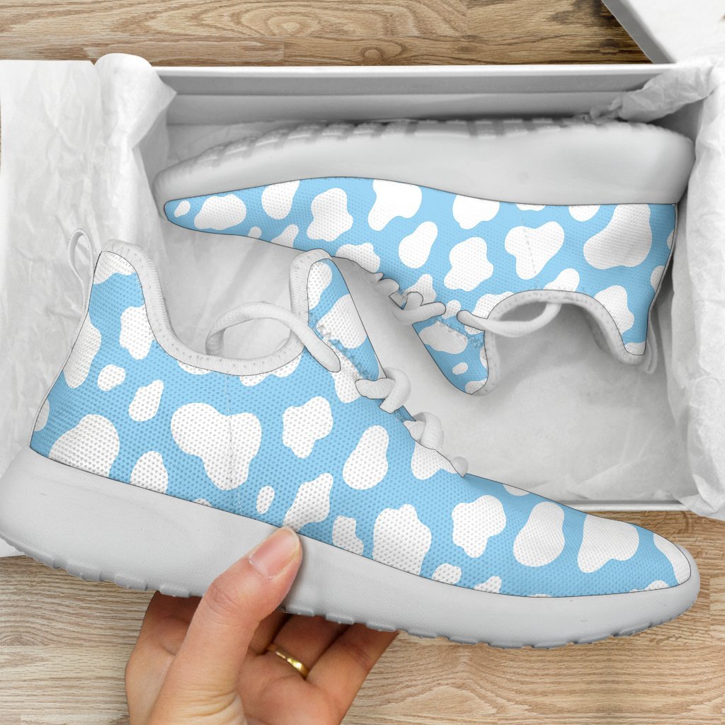 White And Blue Cow Print Mesh Knit Shoes GearFrost