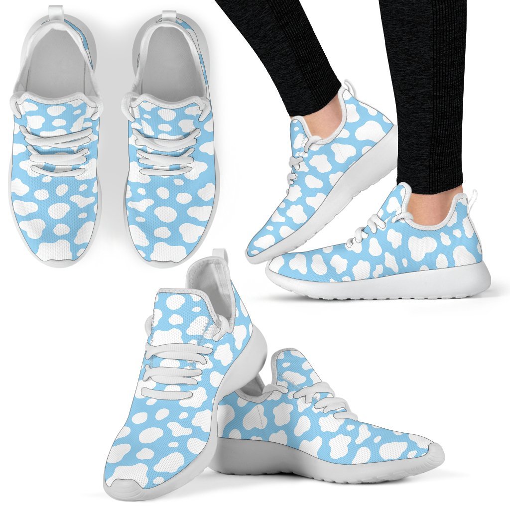 White And Blue Cow Print Mesh Knit Shoes GearFrost
