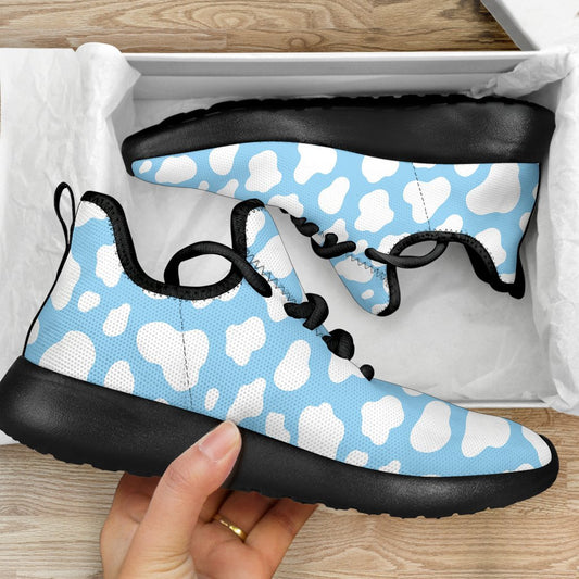 White And Blue Cow Print Mesh Knit Shoes GearFrost