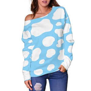 White And Blue Cow Print Off Shoulder Sweatshirt GearFrost