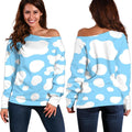 White And Blue Cow Print Off The Shoulder Sweatshirt