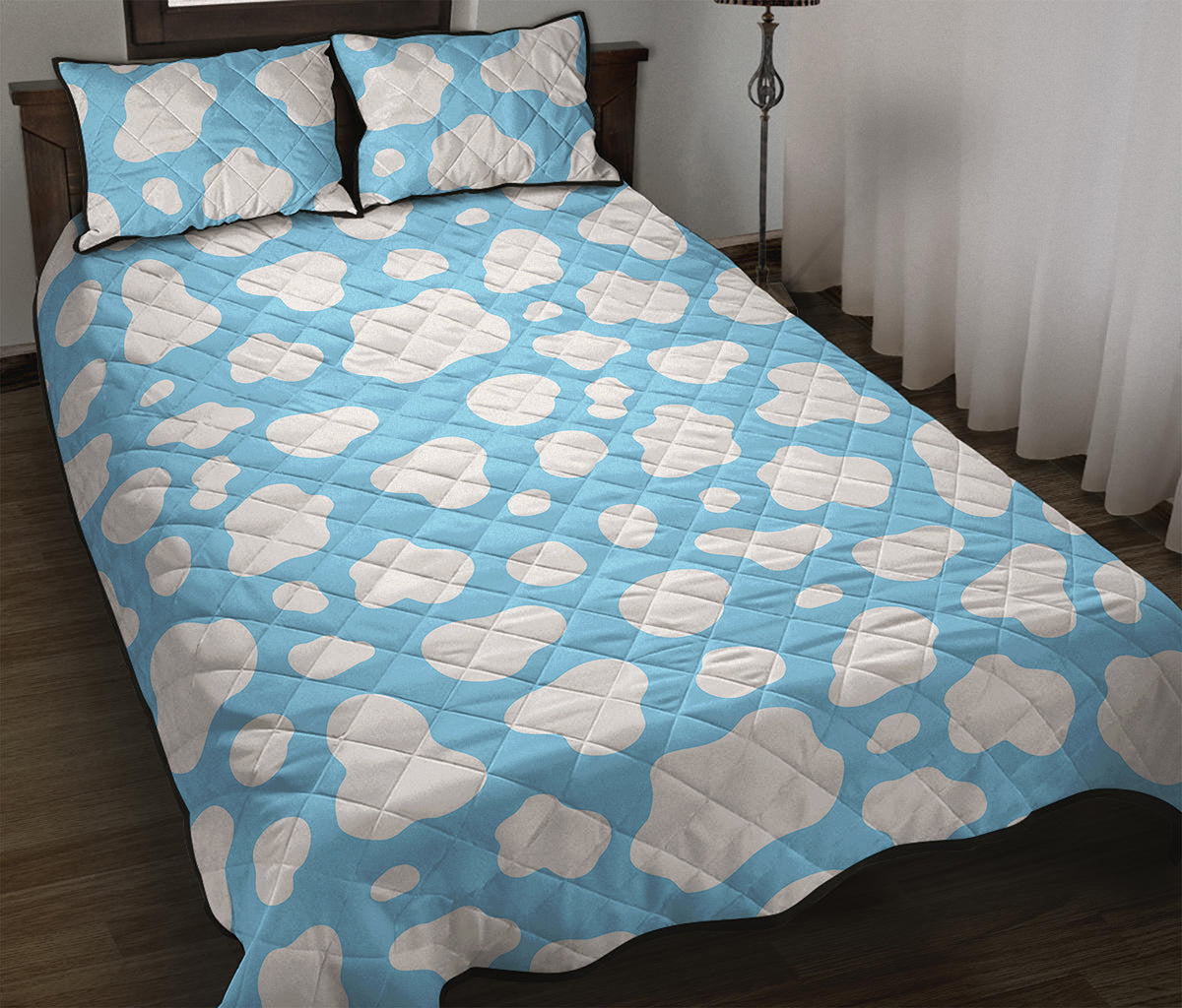 White And Blue Cow Print Quilt Bed Set