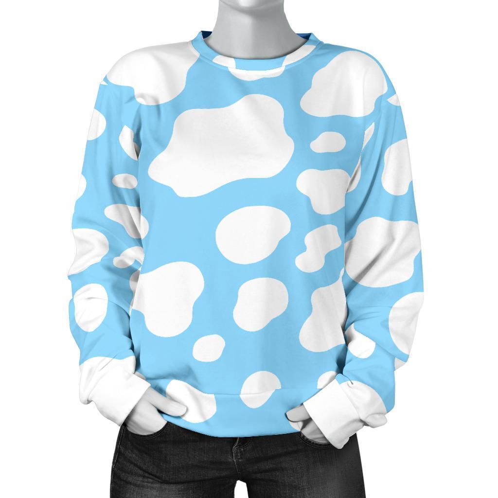White And Blue Cow Print Women's Crewneck Sweatshirt GearFrost