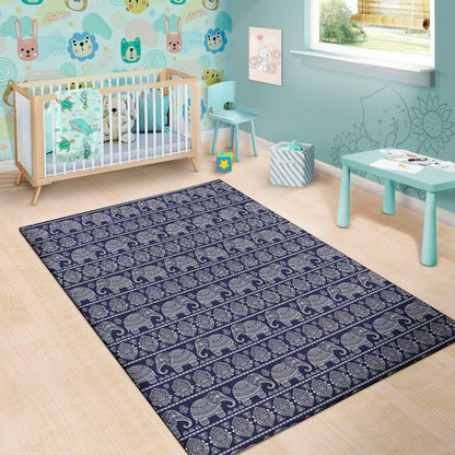 White And Blue Indian Elephant Print Area Rug