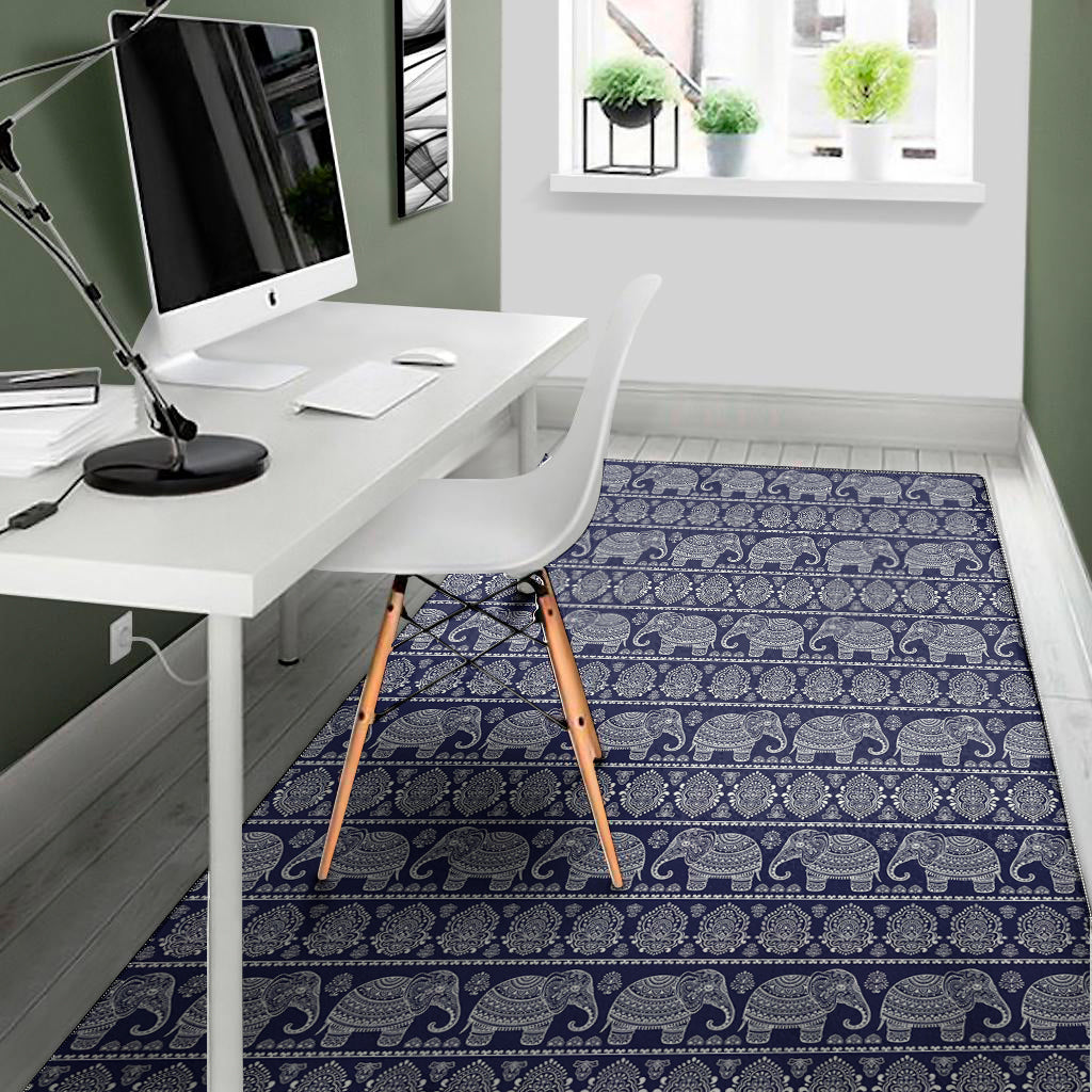 White And Blue Indian Elephant Print Area Rug