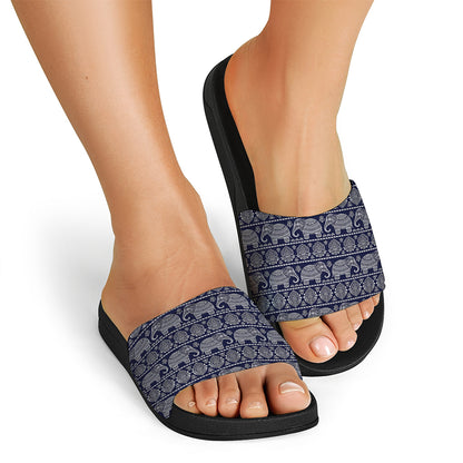 White And Blue Indian Elephant Print Black Slide Sandals