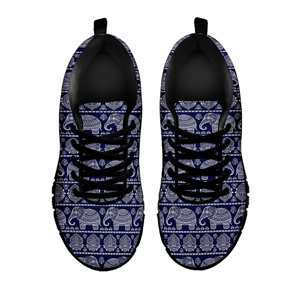 White And Blue Indian Elephant Print Black Sneakers
