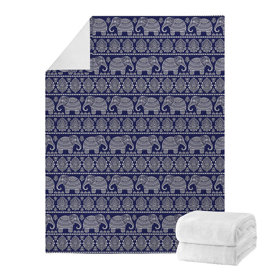 White And Blue Indian Elephant Print Blanket
