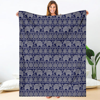 White And Blue Indian Elephant Print Blanket
