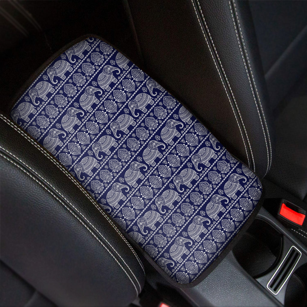 White And Blue Indian Elephant Print Car Center Console Cover