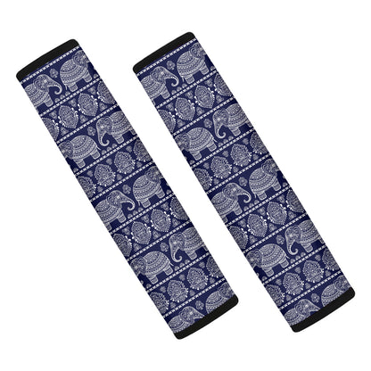 White And Blue Indian Elephant Print Car Seat Belt Covers