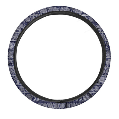 White And Blue Indian Elephant Print Car Steering Wheel Cover