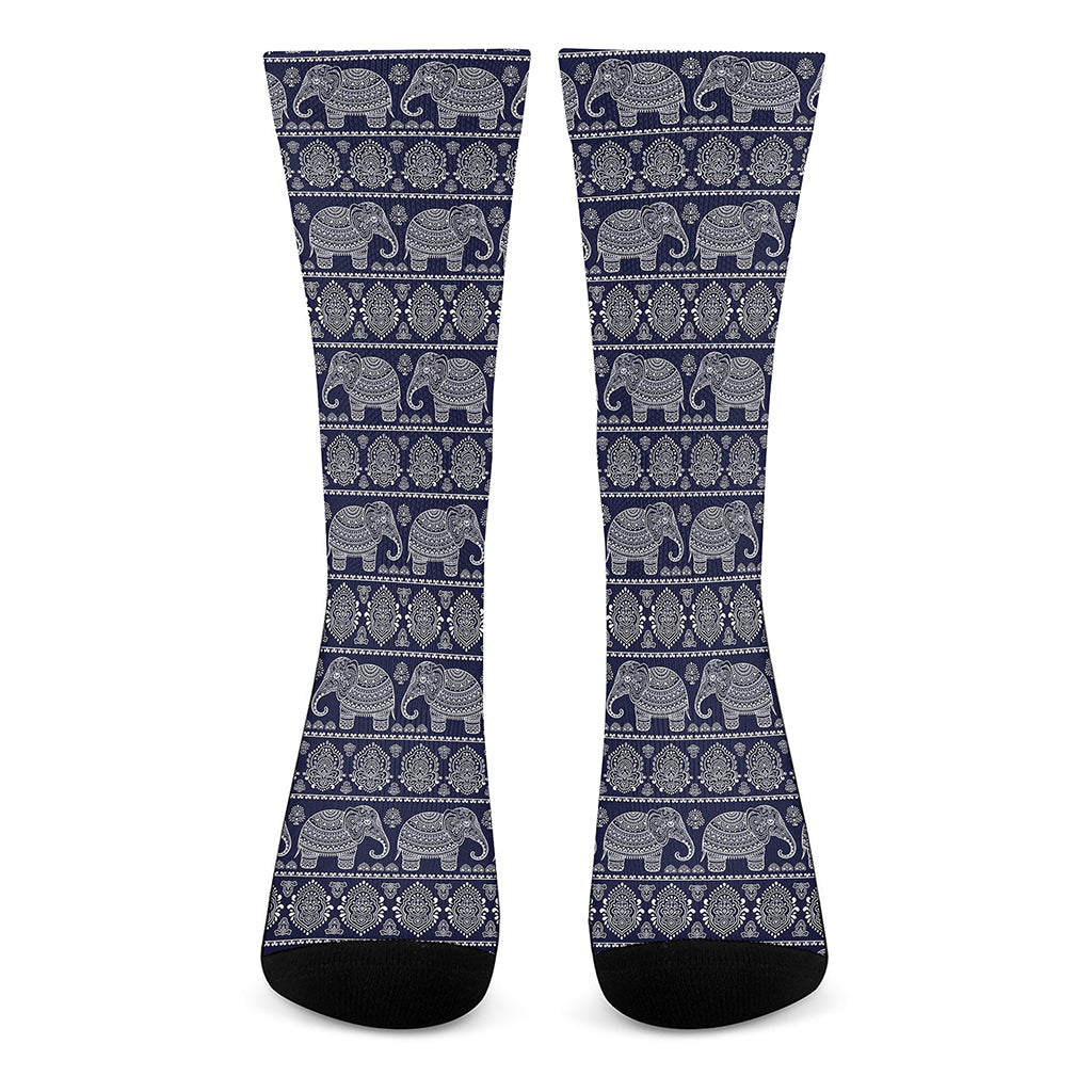 White And Blue Indian Elephant Print Crew Socks