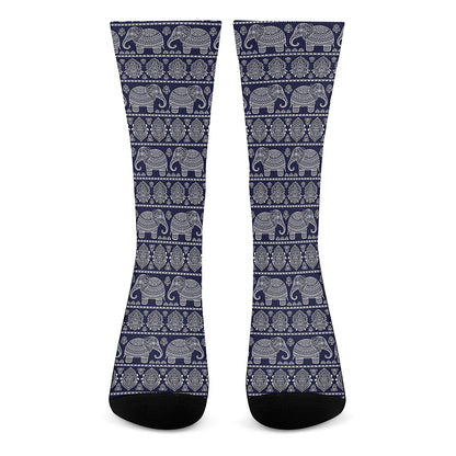 White And Blue Indian Elephant Print Crew Socks