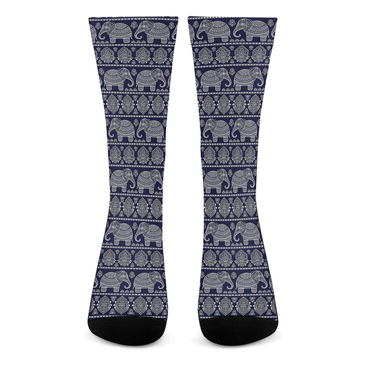 White And Blue Indian Elephant Print Crew Socks