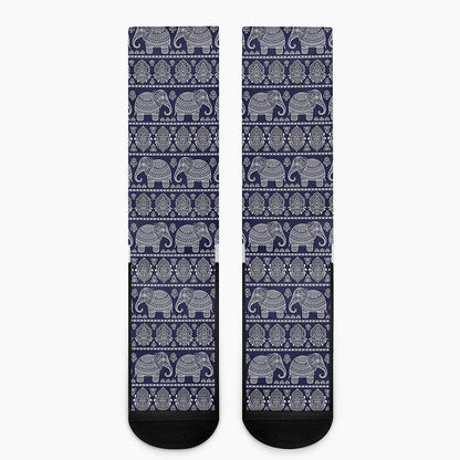 White And Blue Indian Elephant Print Crew Socks