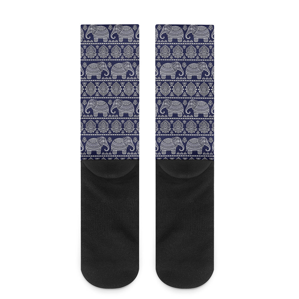 White And Blue Indian Elephant Print Crew Socks