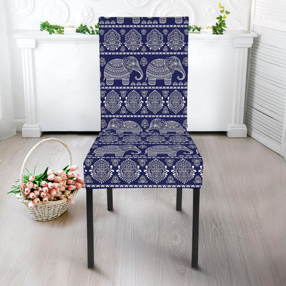 White And Blue Indian Elephant Print Dining Chair Slipcover