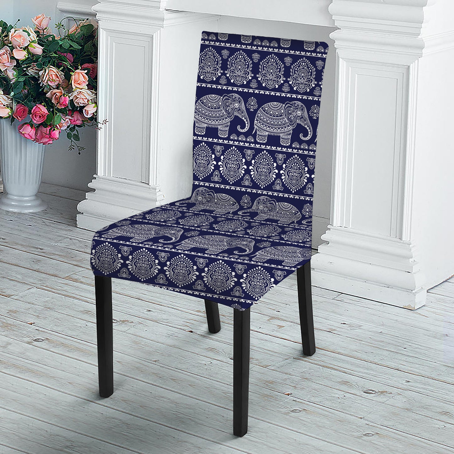 White And Blue Indian Elephant Print Dining Chair Slipcover