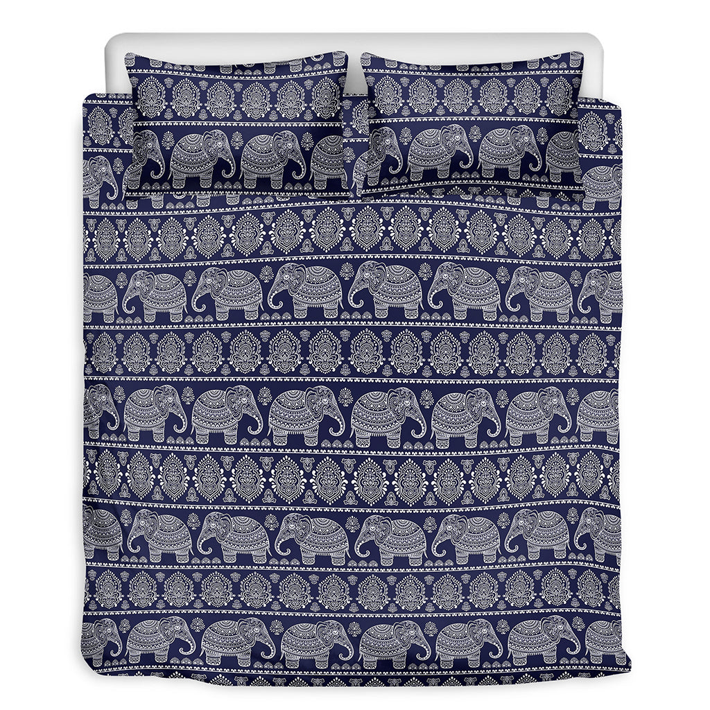 White And Blue Indian Elephant Print Duvet Cover Bedding Set