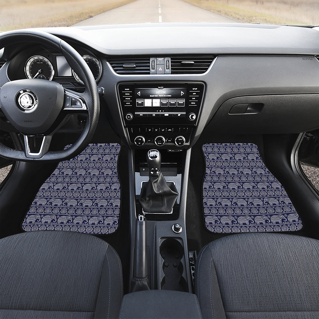 White And Blue Indian Elephant Print Front and Back Car Floor Mats